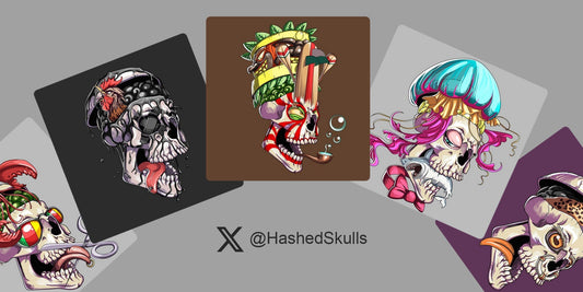 Five illustrated skull artworks from the Hashed Skulls collection.